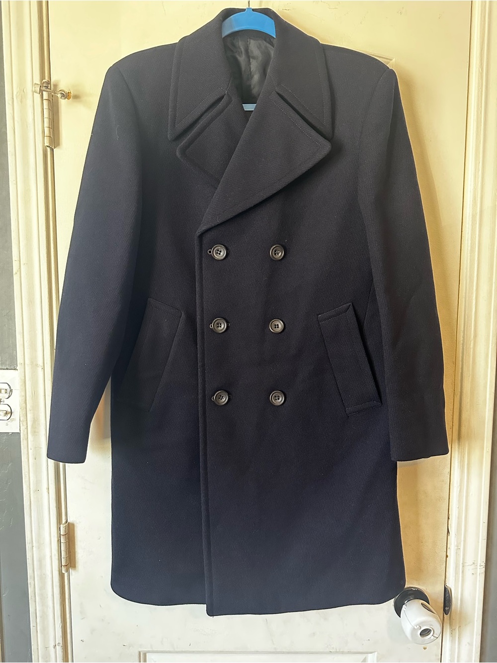 VTG St Michael Men Pure New Wool Double Breasted Pea Coat Navy Medium Made in UK